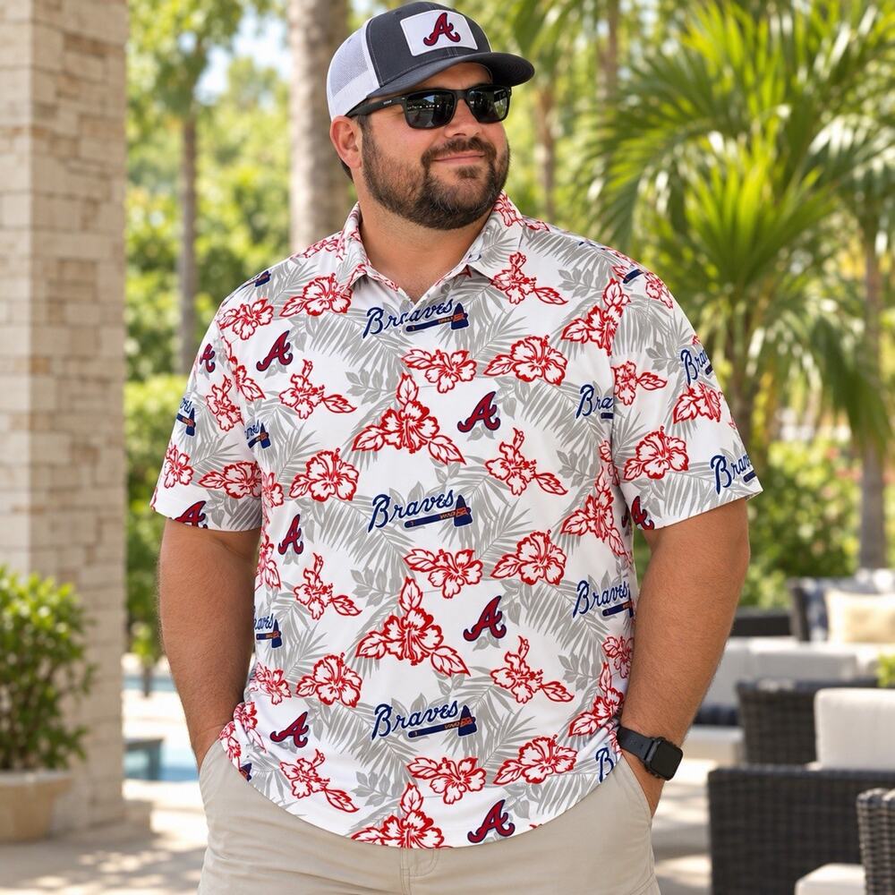 Reyn Spooner 3XL White Atlanta Braves Baseball Hawaiian Aloha Shirt MLB XXXL EUC